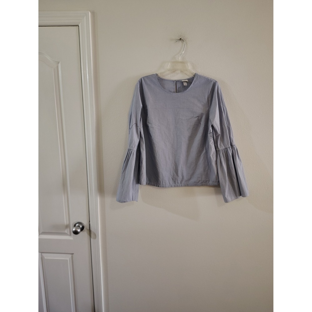 A New Day Blue White Striped Bell Sleeve Blouse Keyhole Back Top‎ Womens Large